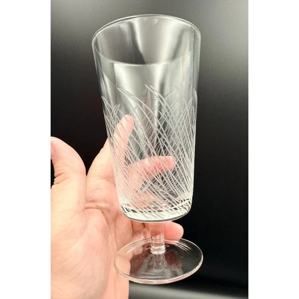 1970s Flat Bottom Short Stem Cocktail Water Glasses Hand Etched Lines Reeds Set